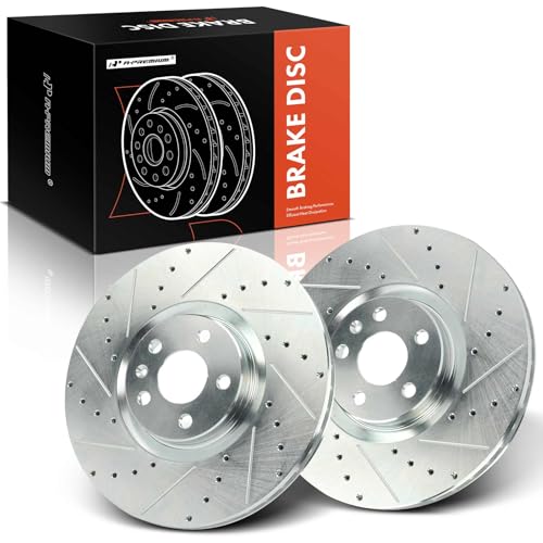 A-Premium 13.58 inch (345mm) Front Drilled and Slotted Disc Brake Rotors Compatible with Select Volvo Models - XC60, XC90, S60, XC40, S90, V60, V60 Cross Country, C40 Recharge, V90, 2-PC Set