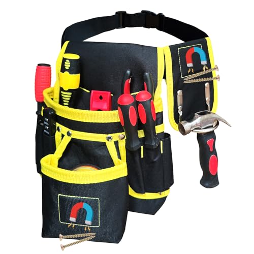 Sneulletoys Tool Belts Pouch for Men，Heavy Duty Tool Pouch Belt with 13 Pockets and a Hammer Holder,Detachable Adjustable Magnetic Professional Work Tool Belt for Electricians,Carpenters,Builders