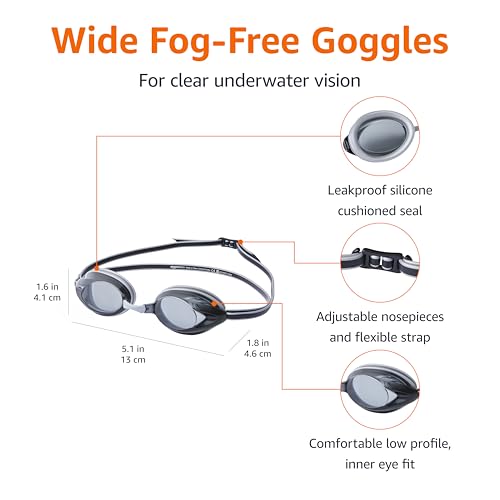 Image of Amazon Basics Unisex Swim Goggles for Adults, Anti-Fog, Unisex, Wide View, 4 Interchangeable Nosepieces