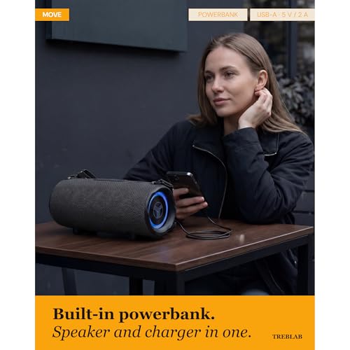 Image of TREBLAB Loud Portable Wireless Bluetooth Speaker, 60W Deep Bass, IPX7 Waterproof Outdoor Speaker, 20H Rechargeable Battery, Built-in Powerbank, TWS Stereo Pairing, Mic, USB-C, Carrying Strap - HD-Max