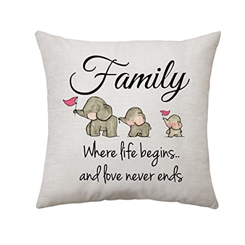 Image of Aconesong Family Inspirational Quotes Throw Pillow Cover Cute Mama Elephant Children Elephant Pillow Cover - Where Life Begins, and Love Never Ends Pillow Case 45 x 45 CM Home Decor