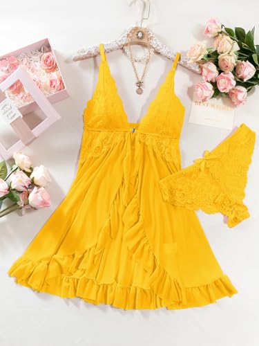 Image of Foxiny Sexy Open Front V Neck Ruffle Sheer Mesh Lace Wireless Babydoll Lingerie Dress with Thong 2 Piece