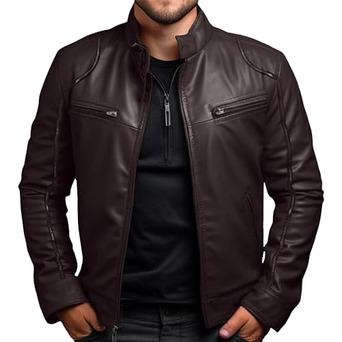 Men's Solid Color Leather Jacket Casual Zip-up Motorcycle Leathers Jackets Stand Collar PU Car Coat