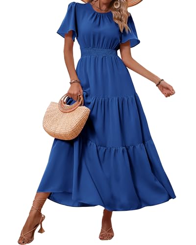 Image of PRETTYGARDEN Women's Casual Smocked Boho Floral A-Line Maxi Dress 2026 | Summer Short Flutter Sleeve Crewneck Tiered Long Sundress,Fall Wedding Guest Dresses,Spring Cute Flowy Beach Vacation Clothes