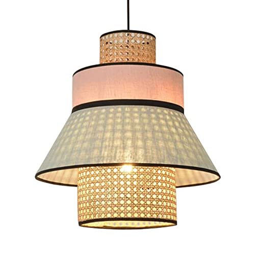 RCIDOS Lámpara Colgante De Ratán Nórdico Iluminación Colgante Pantalla Tela Color Candelabros Caña Natural Cúpula Redonda Luces Techo Base E27 Cabeza Única para Café Bar Cocina Hotel,Almacén,Estudio