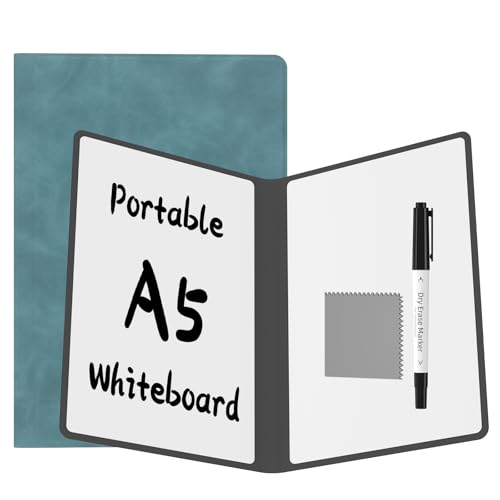 Tableau blanc portable effaçable 24x16 cm avec couverture PU bleu et chiffon