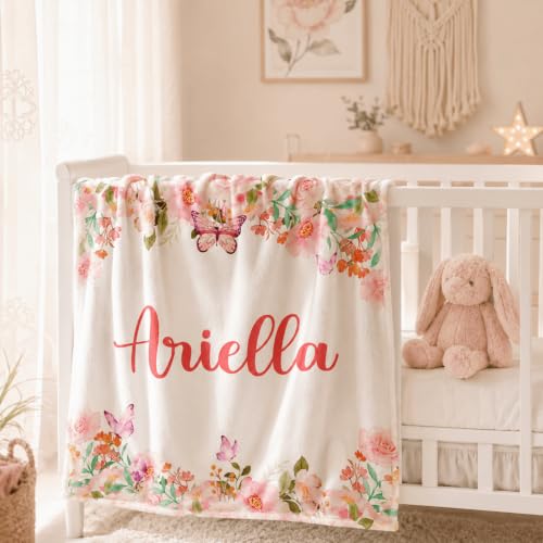 Image of Personalized Baby Blankets for Girls, Custom Blanket with Name, Personalized Baby Gifts for Birthday, Christmas, Baby Shower, Newborn Soft Flannel Floral Blankets Boy Girl Kids Gifts