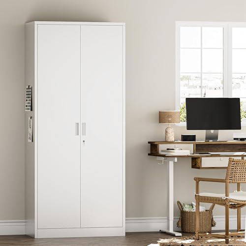 Image of Metal Garage Storage Cabinets,71 inch Tall Metal File Cabinet with 5 Adjustable Shelves, Lockable Storage Cabinets for Office, Home, Garage, Warehouse 71 inch H x 32 inch W x 16 inch D (White)