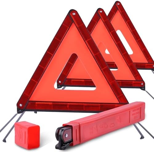 DSV Standard Emergency Warning Triangles, Roadside Safety Triangle, Foldable Warning Reflective Triangle with Case for Vehicles Breakdown, Pack of 3
