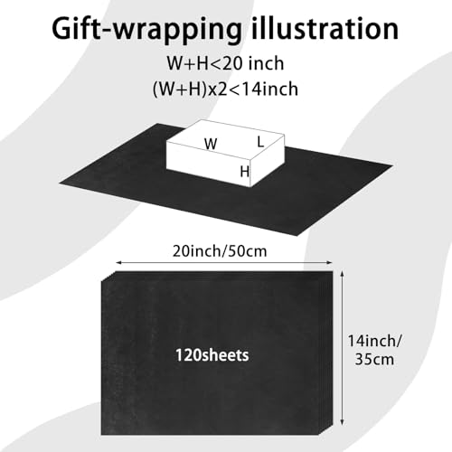Image of 120 Sheets 20 inchX14 inch Black Tissue Paper for Gift Bags Wrapping, Art Tissue Paper Bulk for Weddings Birthday Party Crafts Decoration