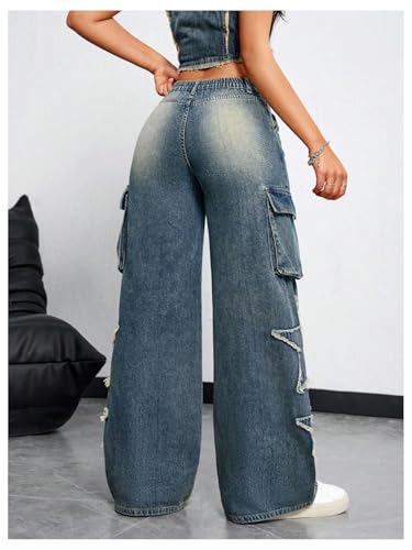 SHENHE Women's Low Waisted Wide Leg Cargo Jeans Star Denim Pants Loose Y2k Baggy Jeans Streetwear2