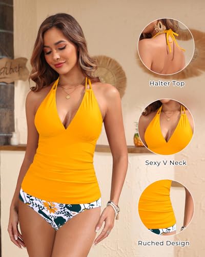 Image of Yonique Womens Two Piece Swimsuits Tummy Control Tankini Plus Size Bathing Suit Halter V Neck Swimwear