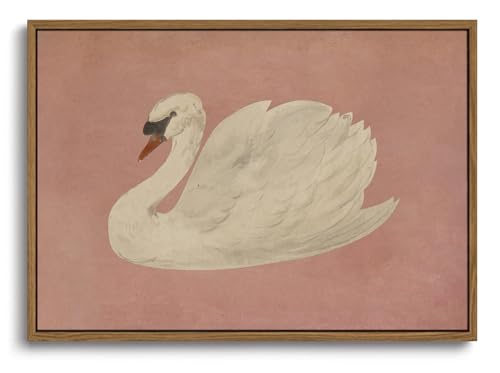 Image of KISSFOX Framed Wall Art Vintage Wall Decor Pink Swan Pictures Retro Animal Canvas Art Rustic Aesthetic Paintings Farmhouse Artwork For Bedroom Living Room Kitchen