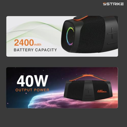 Image of JUST CORSECA Sstrike 40W Wireless Bluetooth Speaker | Powerful Bass | BT 5.3 | LED Light Sync | Built-in Mic | 2400mAh Battery | 15H Playtime | TWS Pairing | Portable Handle | FM /USB Support (Black)
