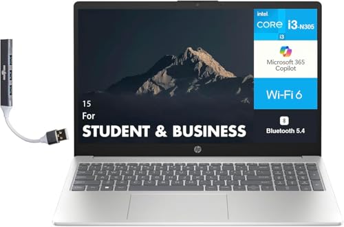 Image of HP 15 Student & Business Laptop 15.6 inch IPS HD Display (Intel i3-N305, 8GB DDR4, 128GB UFS SSD, Intel UHD, Bluetooth 5.4, WiFi 6, Webcam, Win 11 Pro) with DKZ USB Port Expander