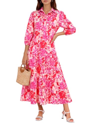 Image of Wenrine Womens Casual 3 /4 Sleeve Shirt Dress Button Down Flowy Maxi Dress