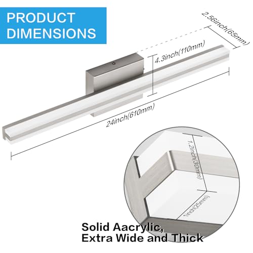 Image of SOLFART Bathroom Light Fixtures Over Mirror 24 Inch Brushed Nickel Modern Vanity Light 5CCT Adjustable Brightness LED Mirror Light Fixture Anti-Glare Lighting Wide Illumination