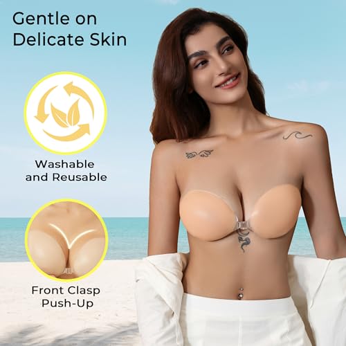 Image of Strapless Sticky Bra Push Up for Women, Adhesive Silicone No Show Bra for Backless Dress, Invisible Reusable V Shape
