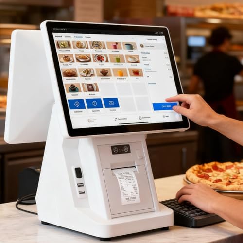 Caja Registradora con Pantalla Táctil de 15.6 Pulgadas, Terminal POS Windows con 8GB RAM, 128GB SSD, Impresora Térmica de 58mm & Wi Fi   Sistema EPOS Inteligente para Tiendas & Restaurant Dual Screen