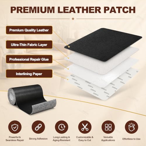 Image of ONine Leather Tape 3X60 Inch Self-Adhesive Genuine Leather Repair Patch For Sofas, Couch, Furniture, Drivers Seat(Black)