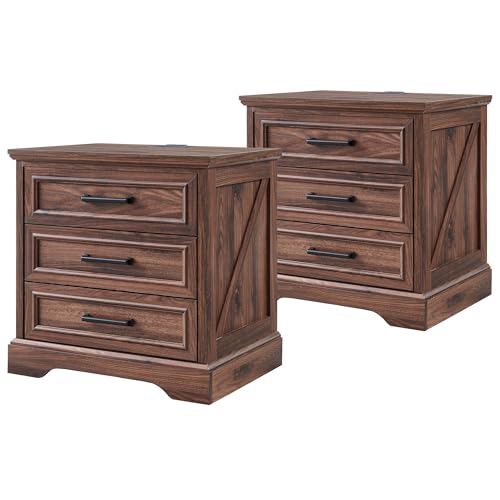 Image of ACCOHOHO Farmhouse Nightstands Set of 2, 22 Inch Wide End Table with Charging Station & 3 Large Drawers, Rustic Wood Small Dresser Chest of Drawers for Bedroom, Living Room, Brown