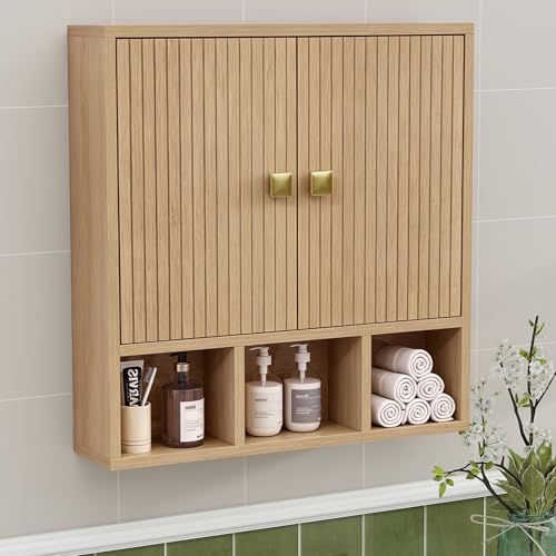 Hängeschrank bad, Badezimmerschrank hängend,Medizinschrank,Medikamentenschrank,Zweitüriger Holz schrank badezimmer,Badschrank mit verstellbaren Böden und offenen Fächern,13 x 56 x 58 cm,Holzfarbe