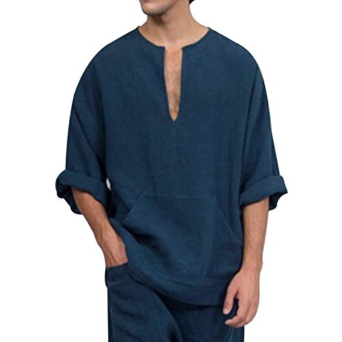 HEQU Mens Cotton Linen Shirt V Neck Long Sleeve Henley Shirts with Pockets(M Navy)
