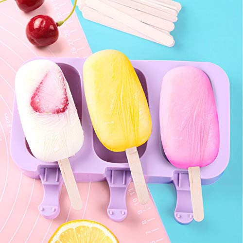 Ice Cream Silicone Moulds Popsicle Moulds 3 Packs for Homemade Chocolate Dessert Ice-Lolly Purees Ice Cream DIY Tools with Cover and Wooden Sticks