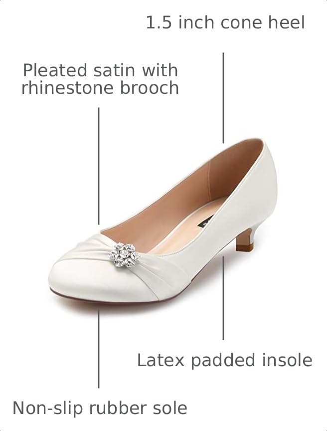 Image of ERIJUNOR Women Closed Toe Comfort Kitten Heels Rhinestones Satin Wedding Evening Dress Shoes