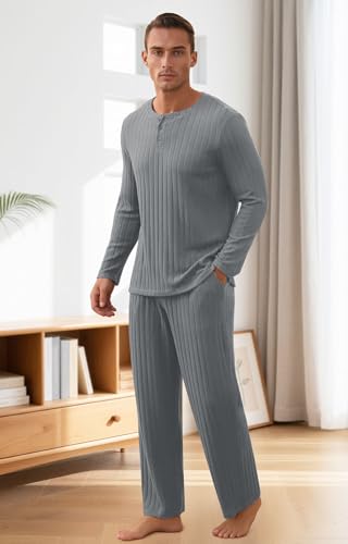 image for NITAGUT Men's Pajama Set Henley Collar Loungewear Long Sleeved Buttone