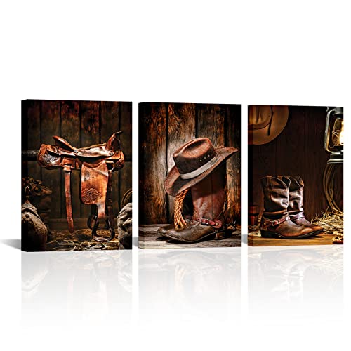 Saypeacher Western Decor Cowboy Wandkunst American West Rodeo Cowboy Leinwand Kunst Gemälde Brauner Strohhut auf Leder Rancher Roper Boots Bild Vintage Kunstwerk gespannt für Home Office Dekoration