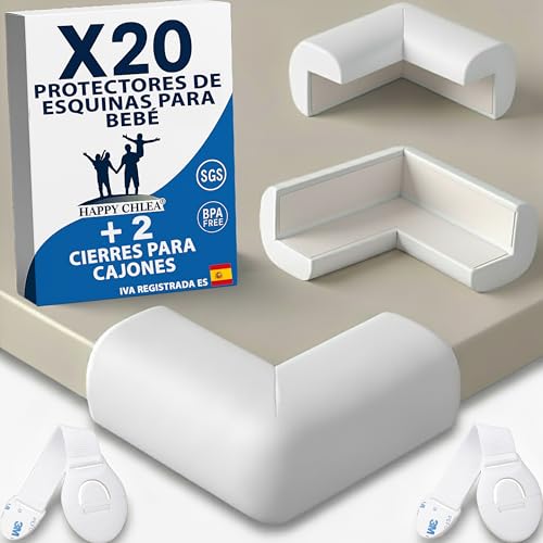 Happy Chlea 20 Protector Esquinas Bebé de Goma con Tecnología Espuma Activa + 2 Cierres Seguridad Cajones, Esquineras para Cama, Mesa y Muebles