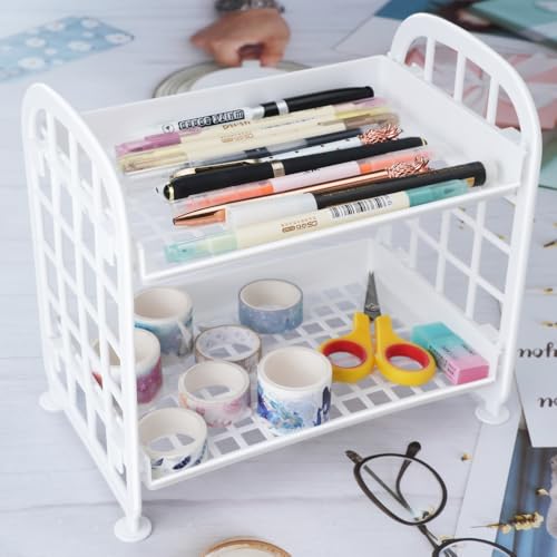 Image of Desktop Rack Cosmetic Stationery Storage Holder, 2-Tier Multifunctional Plastic Shelf Makeup Organizer for Skincare Office Kitchen Bedroom Bathroom Home (White)
