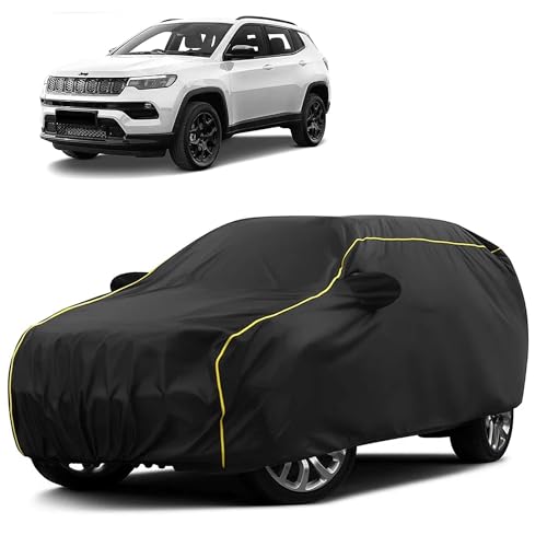 Image of Sulfar 100% Water Resistant Car Body Cover Compatible with Mirror for Jeep Compass (Triple Stitched, Full Bottom Elastic, Black Taffeta with Yellow Piping)