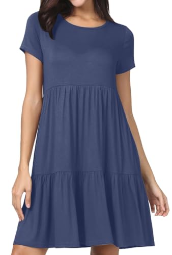 PrinStory Sommerkleid Damen Kurzarm Freizeitkleider Rundhals Strandkleid Loose A-Linie Kleid Hohe Taille Plisseekleid (Dunkelblau, L)