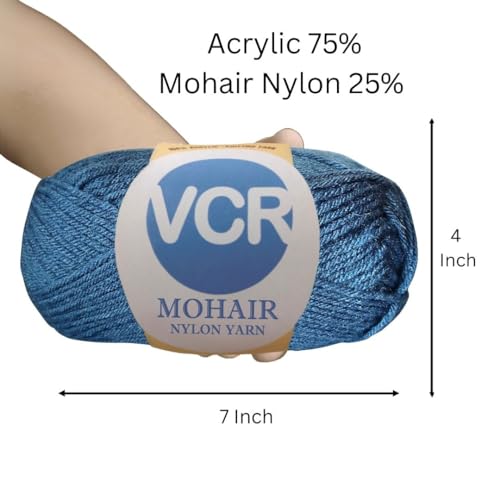 Image of VCR Mohair Nylon Prussian Blue Yarn, 100 Grams Hank, 196 Meters Length, Acrylic 75%, Mohair Nylon 25%, Pack of 1 Yarn, Soft Crosia Threads, Suitable for Winter Garments.