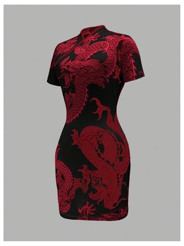 Image of Floerns Women's Cheongsam Chinese Traditional Dragon Print Qipao Bodycon Mini Dress