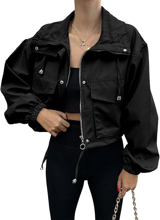 Womens Cropped Jacket Zip Up Lightweight Oversized Utility Anorak Coat Long Sleeve Bomber Jackets with Pockets for Outdoor2