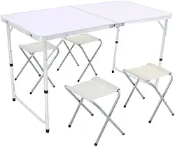 Kit Mesa Dobrável Portatil Que Vira Maleta Camping Praia Churrasco 120x60cm Com 4 Bancos Banquinhos