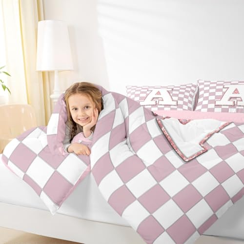 Image of Erosebridal Pink Initial A Kids Comforter Sets Kawaii Plaid Checkered Queen Bedding Set for Girls Teen Women Cute Personalized Monogram Comforter Set,Fashion Grids Gingham Quilt Duvet 3 Pcs
