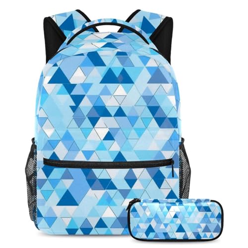 Sac à dos et trousse géométrique bleu pour étudiants, set scolaire complet