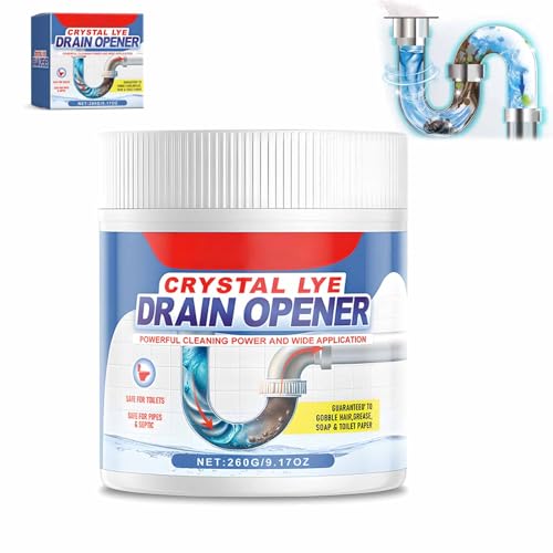 Crystal Lye Drain Opener,Multifunction Powerful Pipe Dredging Agent,260g Crystal Lye Drain Opener Powder,for Unclog Drains,Bathroom Sinks, Kitchen Sinks,Shower Pipes (1pc)
