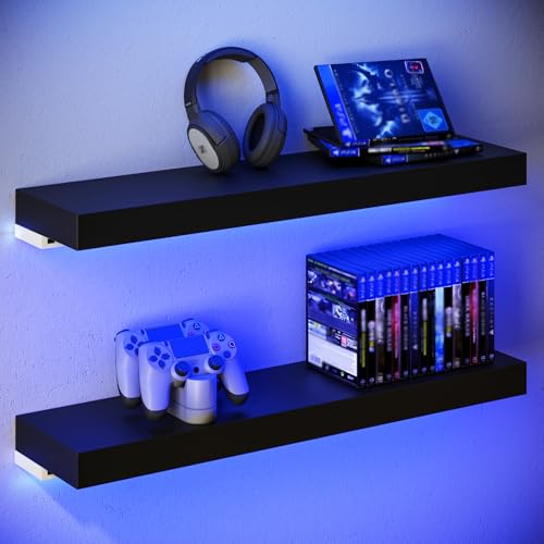 BAMEOS Floating Shelves with LED for Wall Sturdy Shelves with RGB Light Wall Mounted Display Shelves Set of 2 Hanging Shelf for Bathroom Bedroom Kitchen Living Room Storage Black