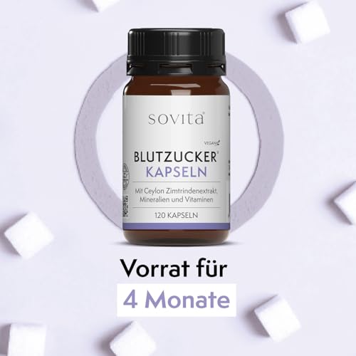 sovita Blutzucker Kapseln mit Ceylon Zimt Extrakt 10:1 | Chrom für normalen Blutzuckerspiegel | Zink & B-Vitamine B1 B6 B12 | Vegan | Stoffwechsel & Energie | 120 Kapseln