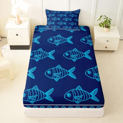 Image of jejeloiu Ocean Fish Bed Sheets Set Twin Size Summer Bed Set Blue Deep Pocket Fitted Sheet Sea Animal Breathable Soft Lightweight Microfiber