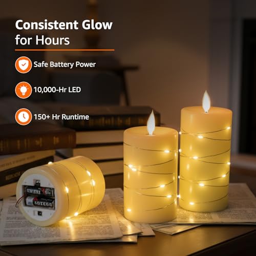 Image of amazon basics LED Candles with String Light Effect, Set of 3 (8X10 CM, 8X12.5 CM, 8X15 CM), Ivory Wax Pillars, Flickering Warm Flame, Remote & Timer, Flameless Decorative Lighting