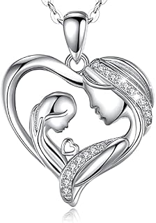 INFUSEU 925 Sterling Silver Necklace Heart Shape with Mother and Child Hand in Hand Heart Pendant Women Mothers Day Gift for Wife Girlfriend Mom