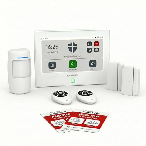 Daewoo Security Pack Alarma AM302, Central de Pantalla táctil de 7 Pulgadas, Detector de Movimiento Apto para Animales, contactores de Puerta y Mando a Distancia. Sirena y batería integradas. Control