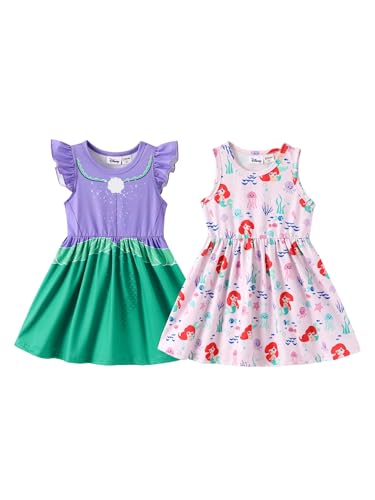 Disney Princess Ariel Toddler Girl Dresses 2 Pack Purple Green Ruffle Sleeve Costume & Pink Sleeveless Sundress Set Birthday Summer Outfits Clothes 3T