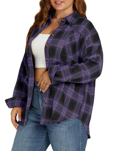 VISLILY Plus-Size-Tops for Women Casual Button Down Flannel Plaid Shirts Long Sleeve Tunics Collared Dressy Blouses XL-5XL2